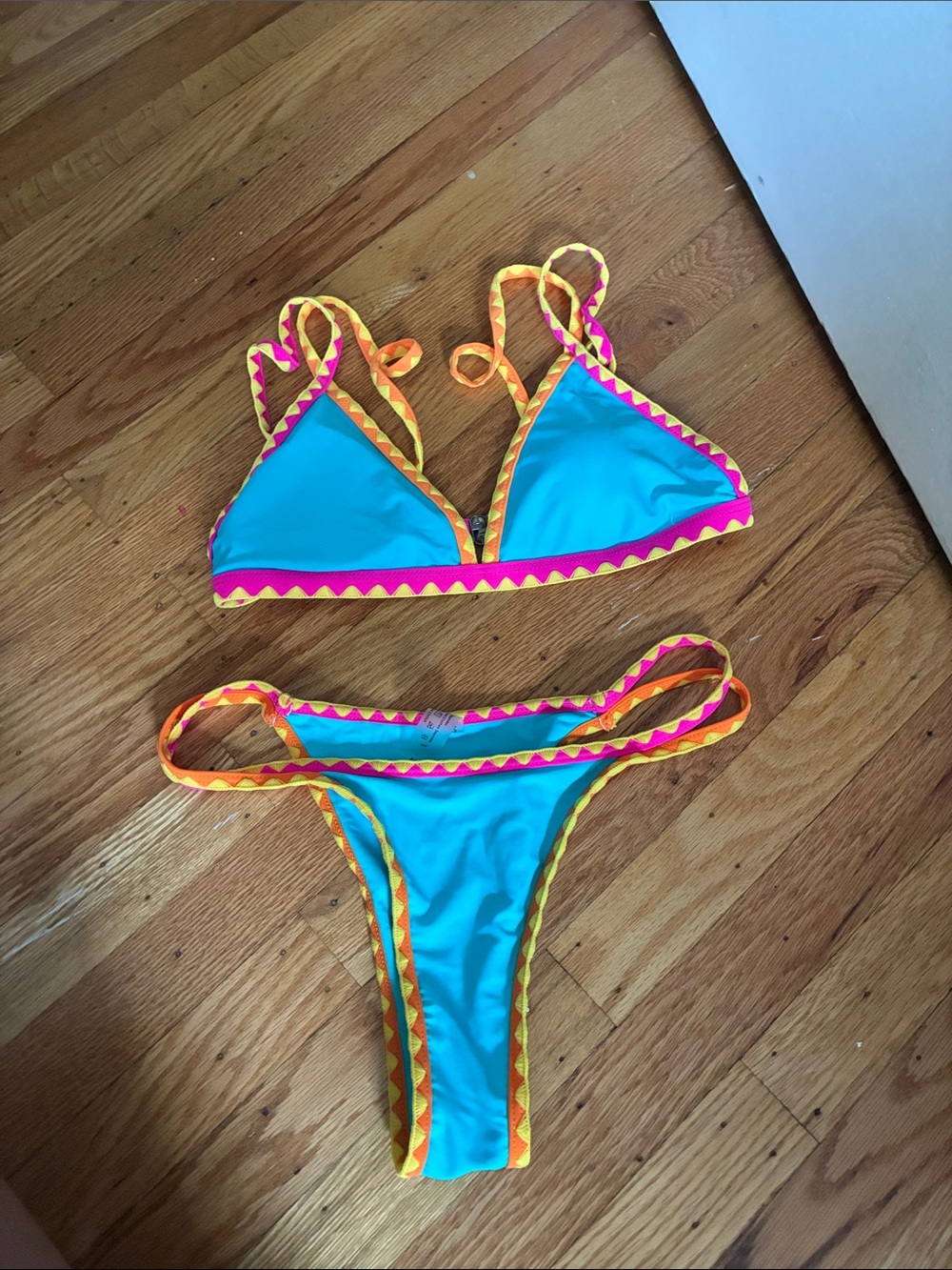 SHEIN Turquoise Bikini with Pink & Yellow Trim